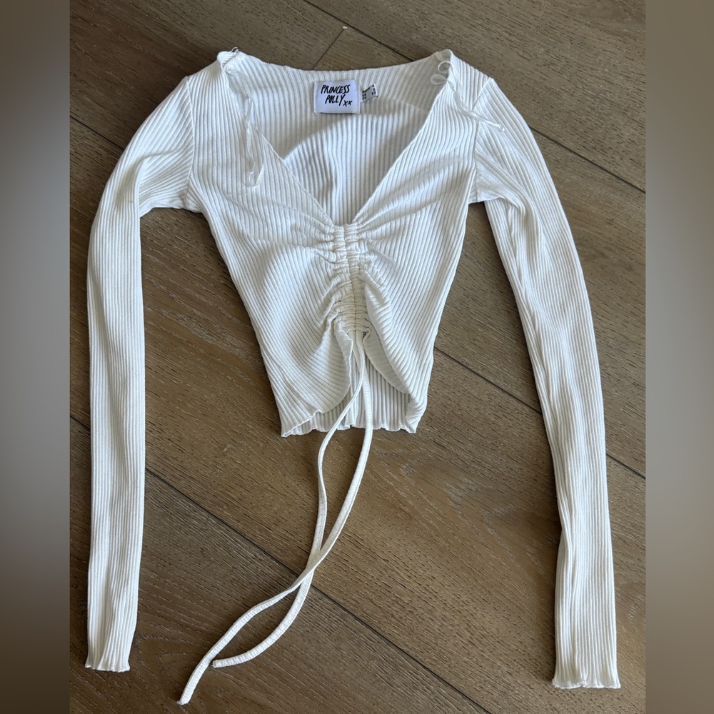 Princess Polly White Ribbed Tie-Front Crop Top